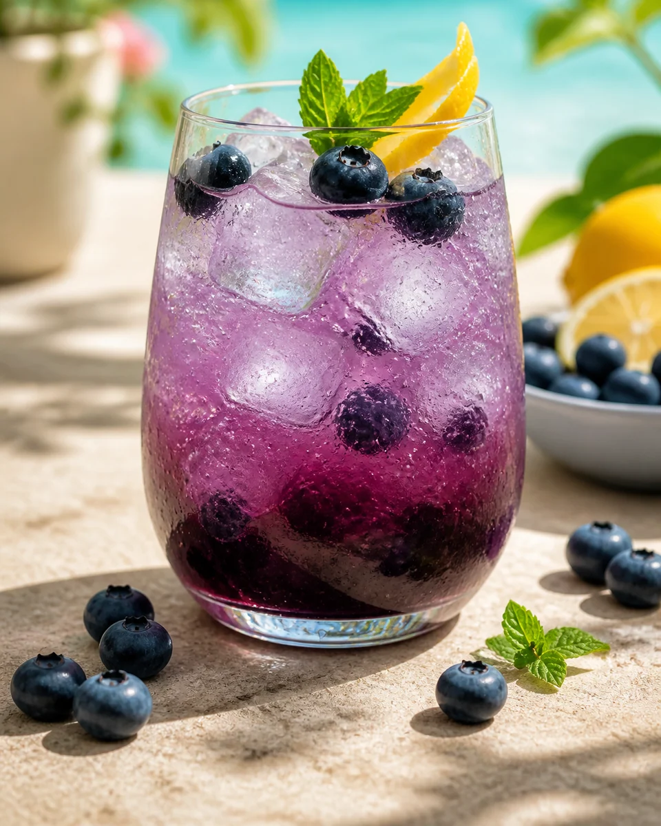 Violetter Blaubeer-Mocktail mit Eis, Zitrone und Minze