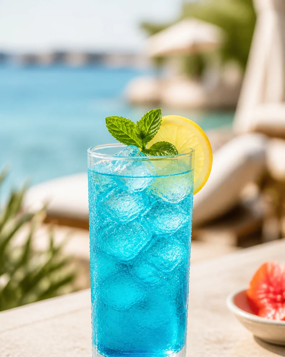 Türkisblauer Blue-Lagoon Mocktail mit Eis und Zitronenscheibe