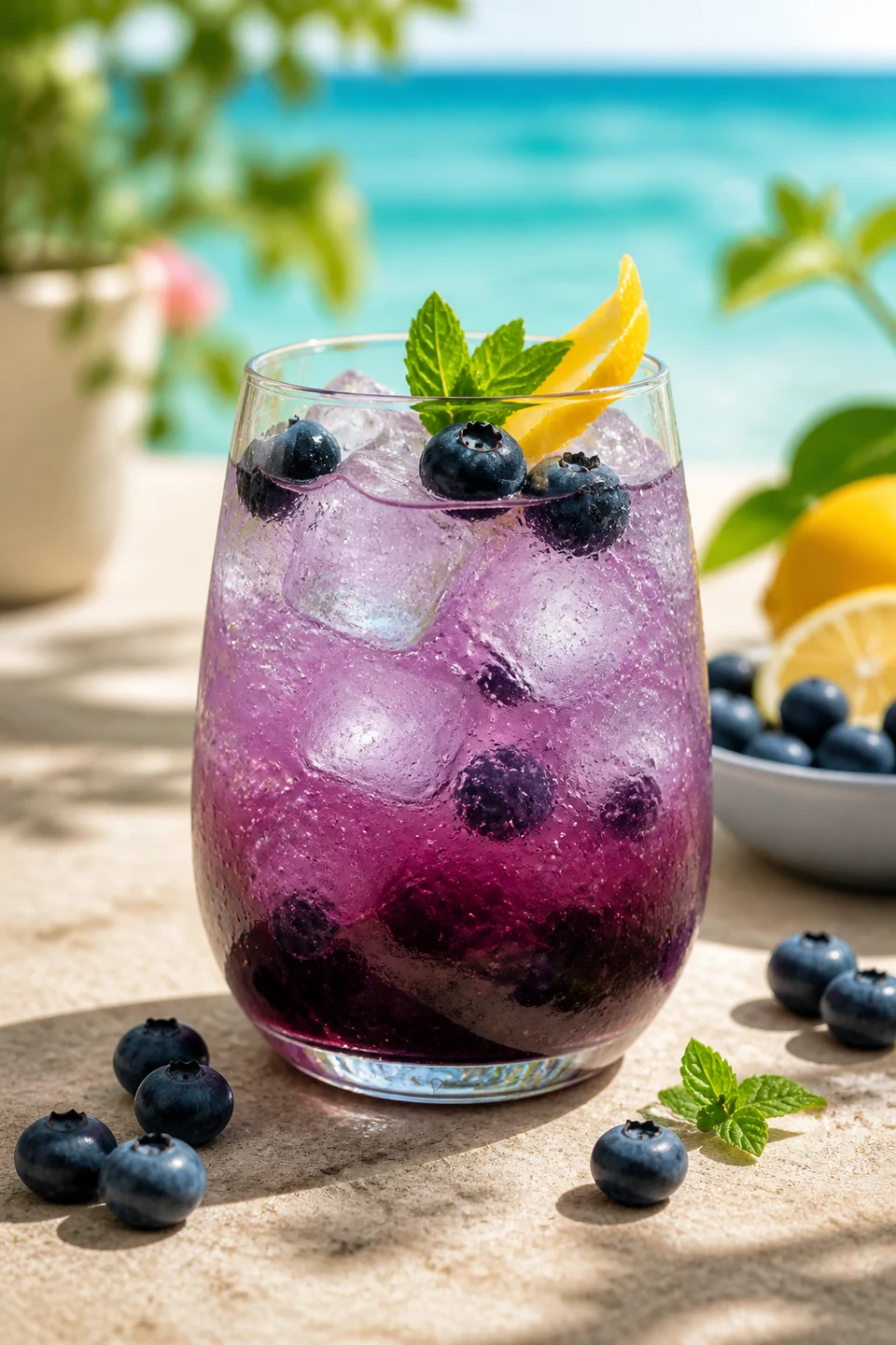 Violetter Blaubeer-Mocktail mit Eis, Zitrone und Minze