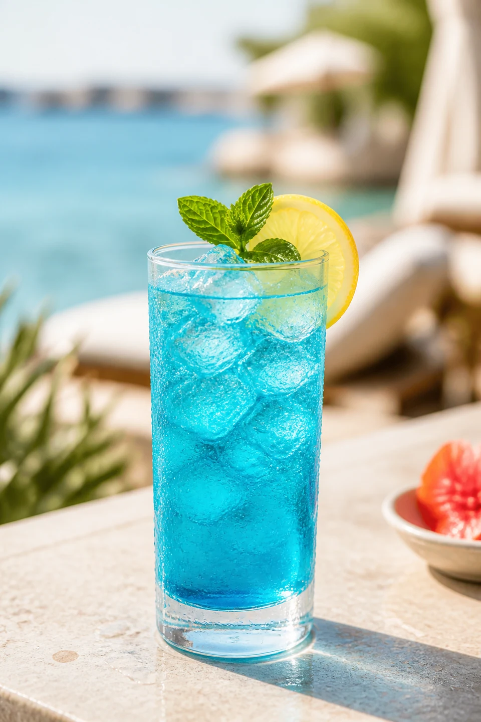 Türkisblauer Blue-Lagoon Mocktail mit Eis und Zitronenscheibe