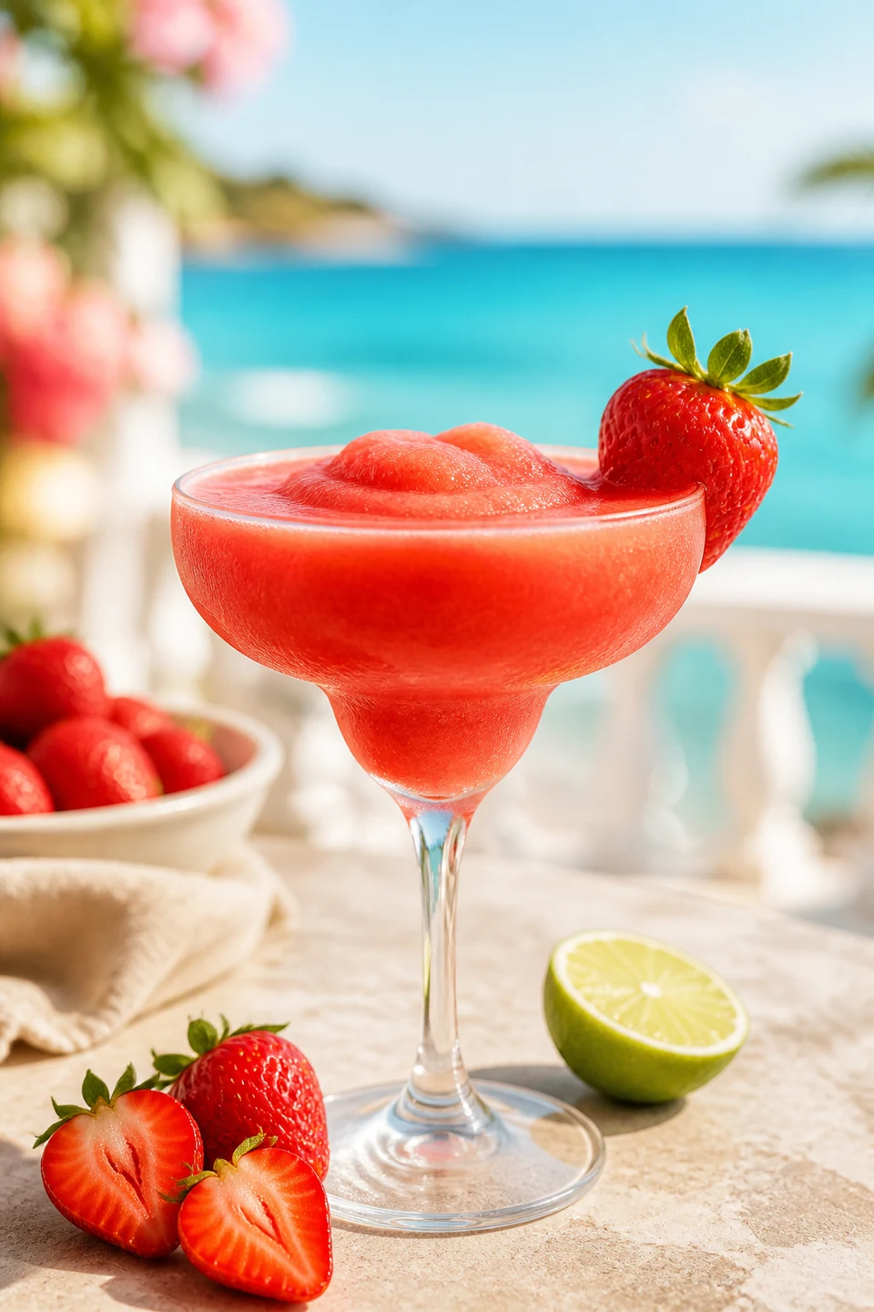 Korallroter alkoholfreier Erdbeer-Daiquiri im Coupette-Glas