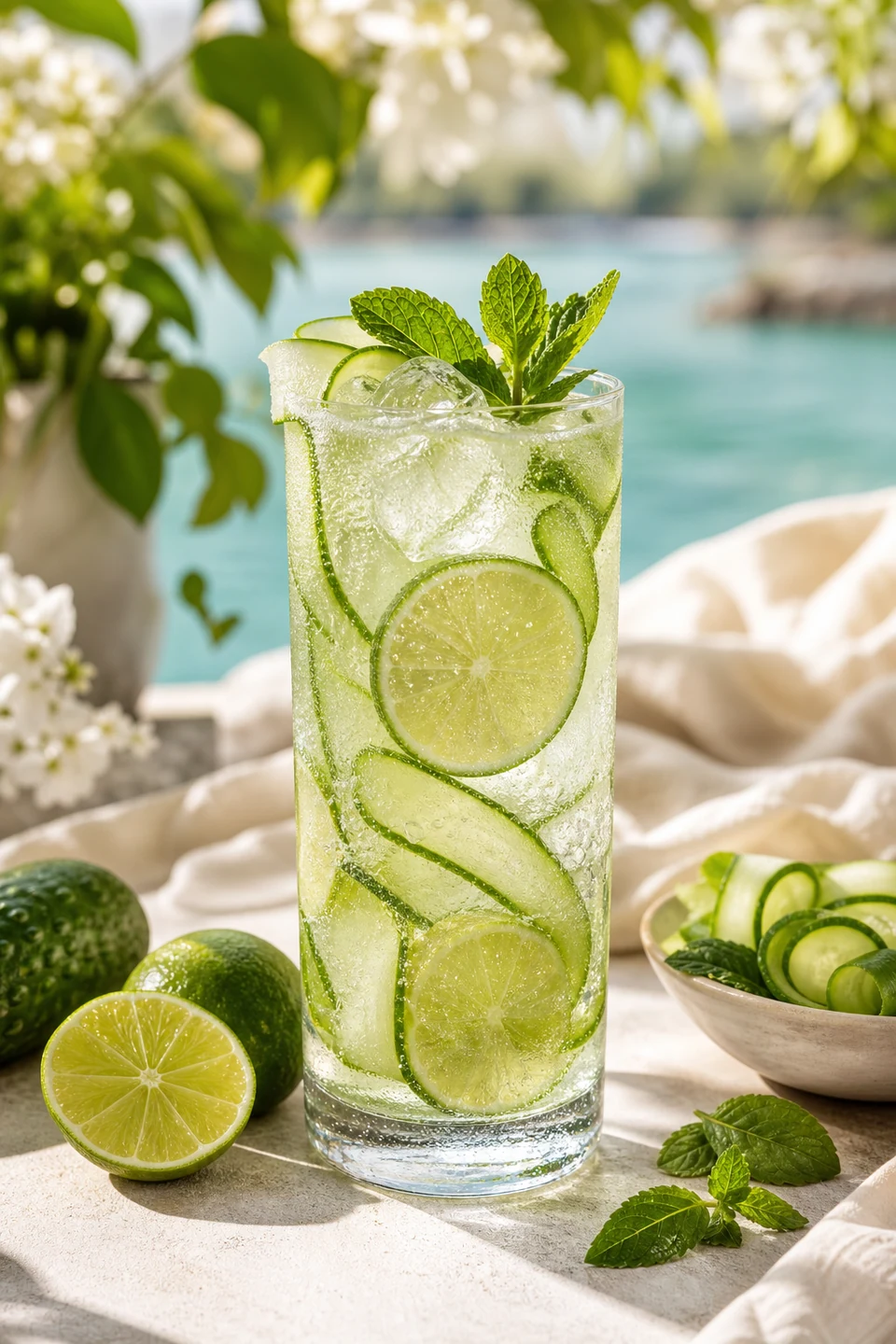 Hellgrüner Gurken-Limetten-Fizz mit Eis und Minze
