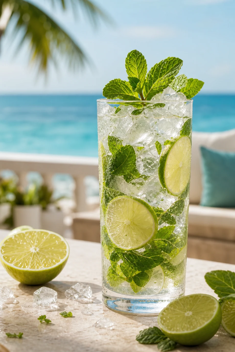 Alkoholfreier Mojito mit Limetten, Minze und Crushed Ice vor türkisem Wasser