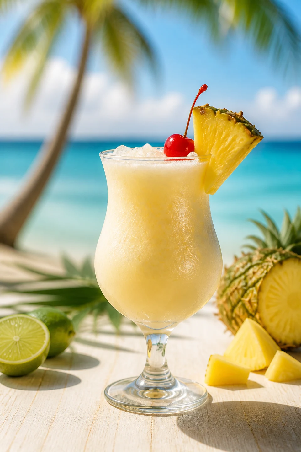 Cremiger Piña-Colada Mocktail mit Ananas am tropischen Wasser