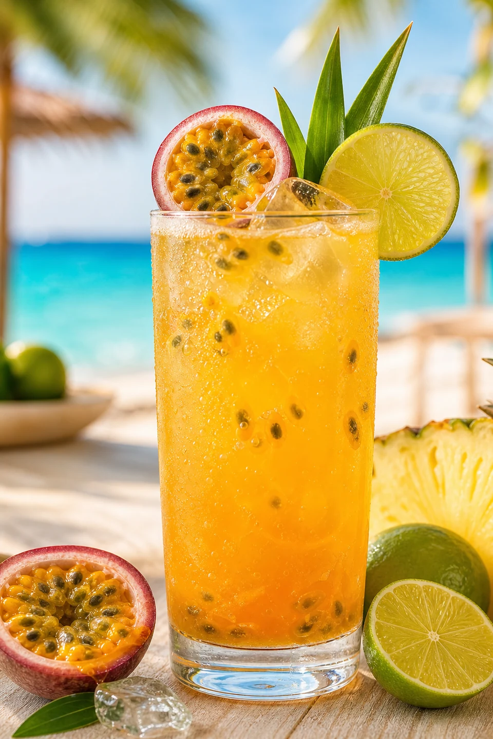 Goldener Maracuja-Mocktail mit Limette und frischer Passionsfrucht