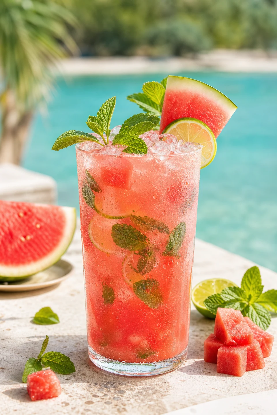 Korallfarbener Wassermelonen-Mocktail mit Minze und Limette
