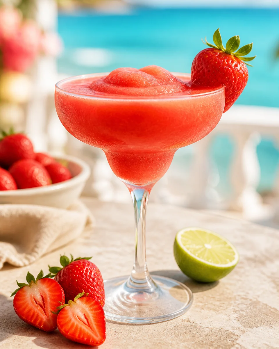 Korallroter alkoholfreier Erdbeer-Daiquiri im Coupette-Glas