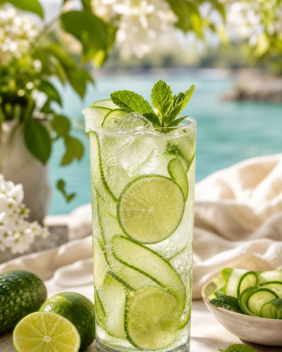 Hellgrüner Gurken-Limetten-Fizz mit Eis und Minze