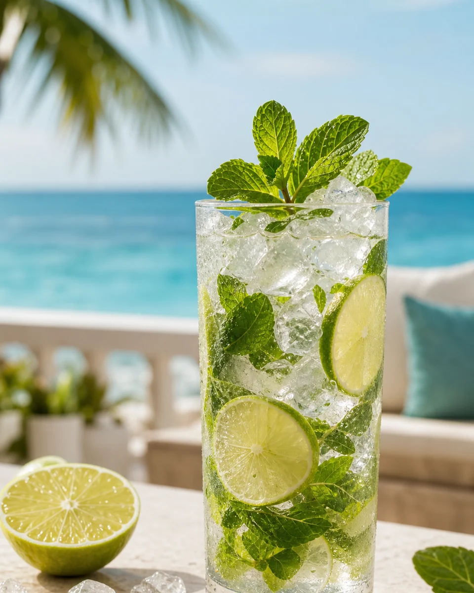 Alkoholfreier Mojito mit Limetten, Minze und Crushed Ice vor türkisem Wasser
