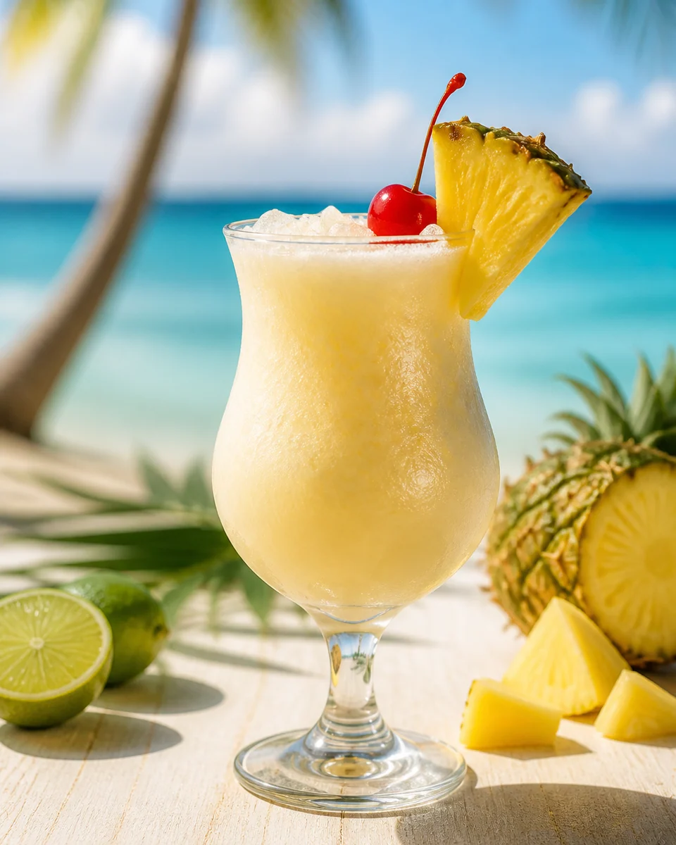 Cremiger Piña-Colada Mocktail mit Ananas am tropischen Wasser