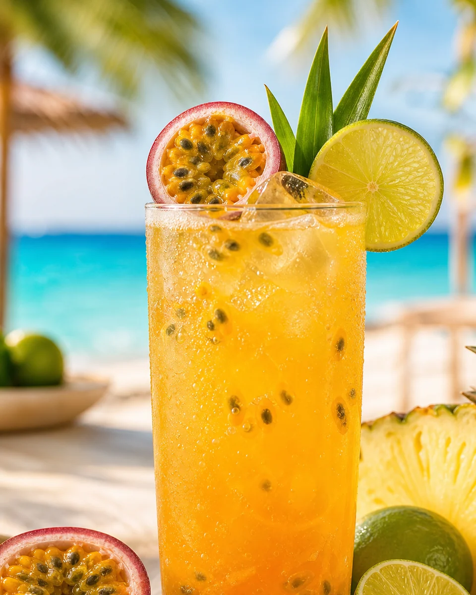 Goldener Maracuja-Mocktail mit Limette und frischer Passionsfrucht