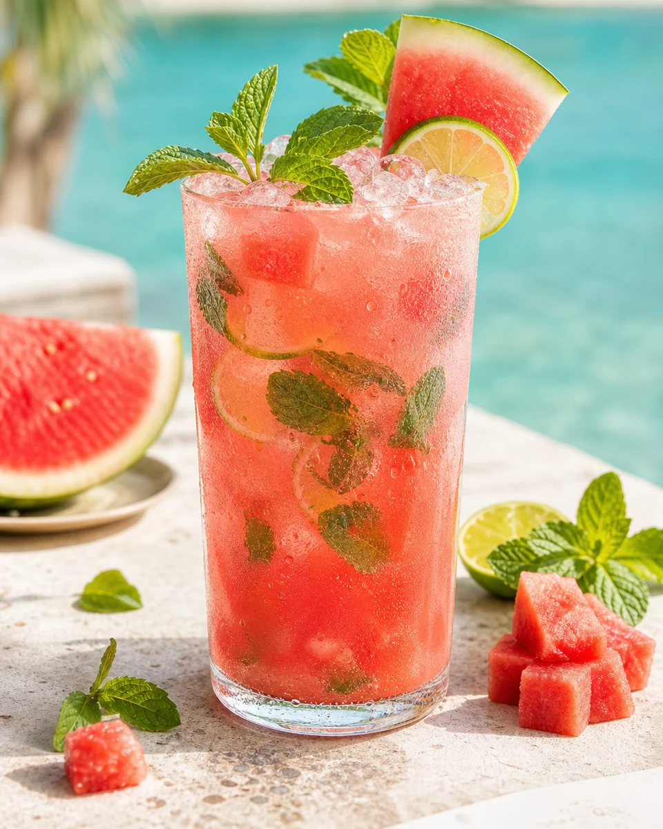 Korallfarbener Wassermelonen-Mocktail mit Minze und Limette