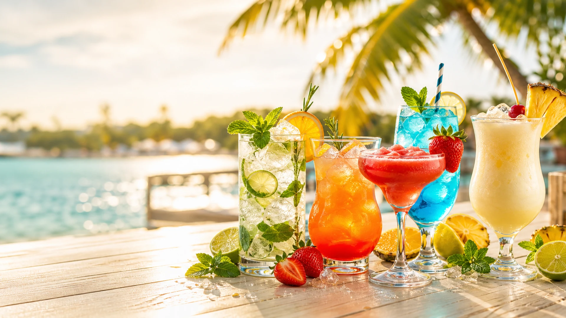 Fünf sommerliche Mocktails am Wasser mit Limette, Beeren, Ananas und Minze