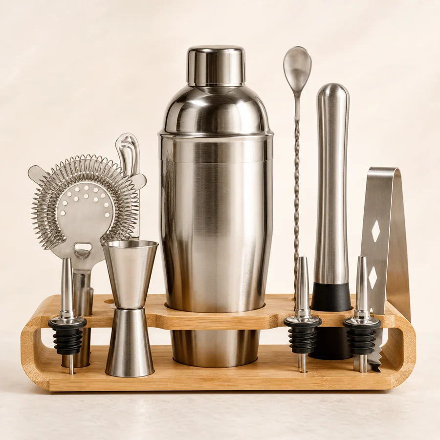 Neutrales Edelstahl-Cocktailshaker-Set auf hellem Studiohintergrund