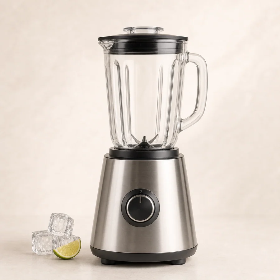 Markenfreier Standmixer aus Glas und Edelstahl auf hellem Studiohintergrund